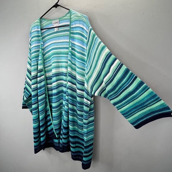 Catherines Cardigan Sweater Plus Size 5X Teal Aqua Stripe Lightweight Long NWOT - Picture 2 of 6